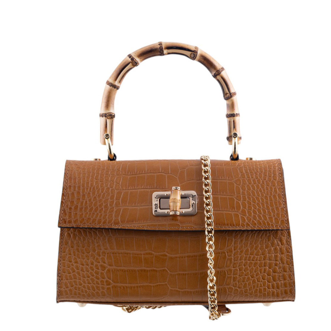 Borsa a Mano Elegante in Pelle Effetto Coccodrillo con Manico in Bamboo