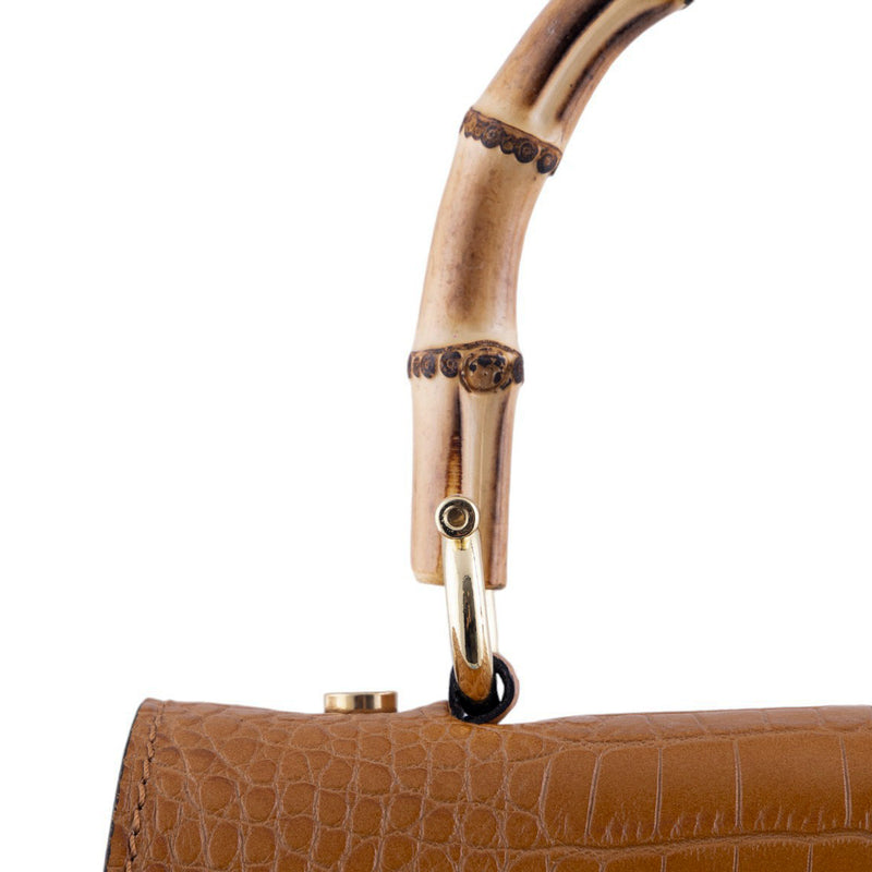 Borsa a Mano Elegante in Pelle Effetto Coccodrillo con Manico in Bamboo
