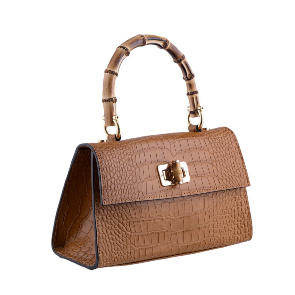 Borsa a Mano Elegante in Pelle Effetto Coccodrillo con Manico in Bamboo