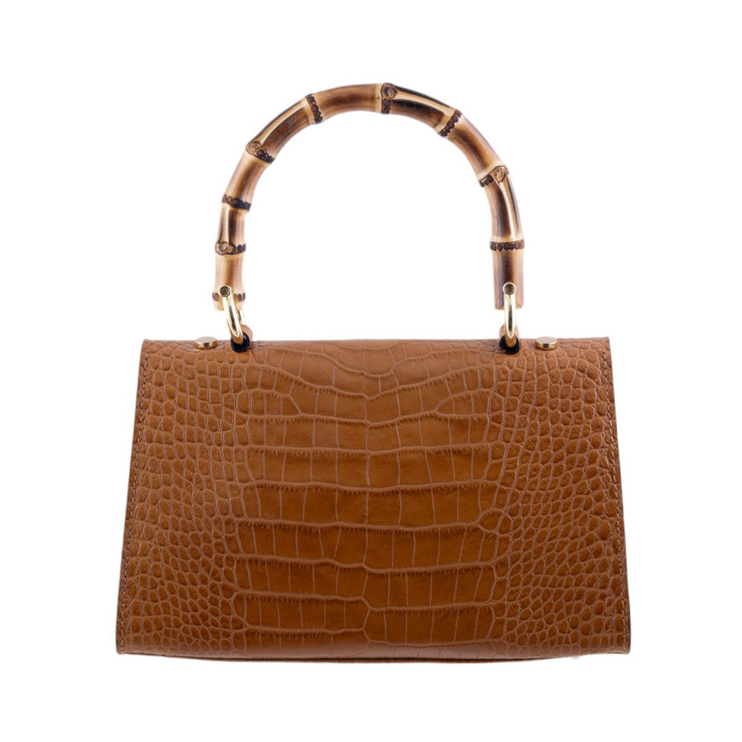 Borsa a Mano Elegante in Pelle Effetto Coccodrillo con Manico in Bamboo