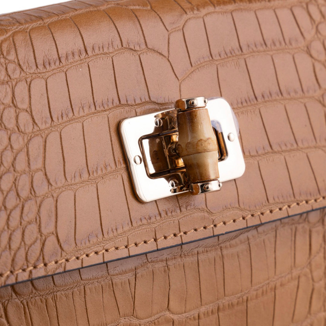 Borsa a Mano Elegante in Pelle Effetto Coccodrillo con Manico in Bamboo
