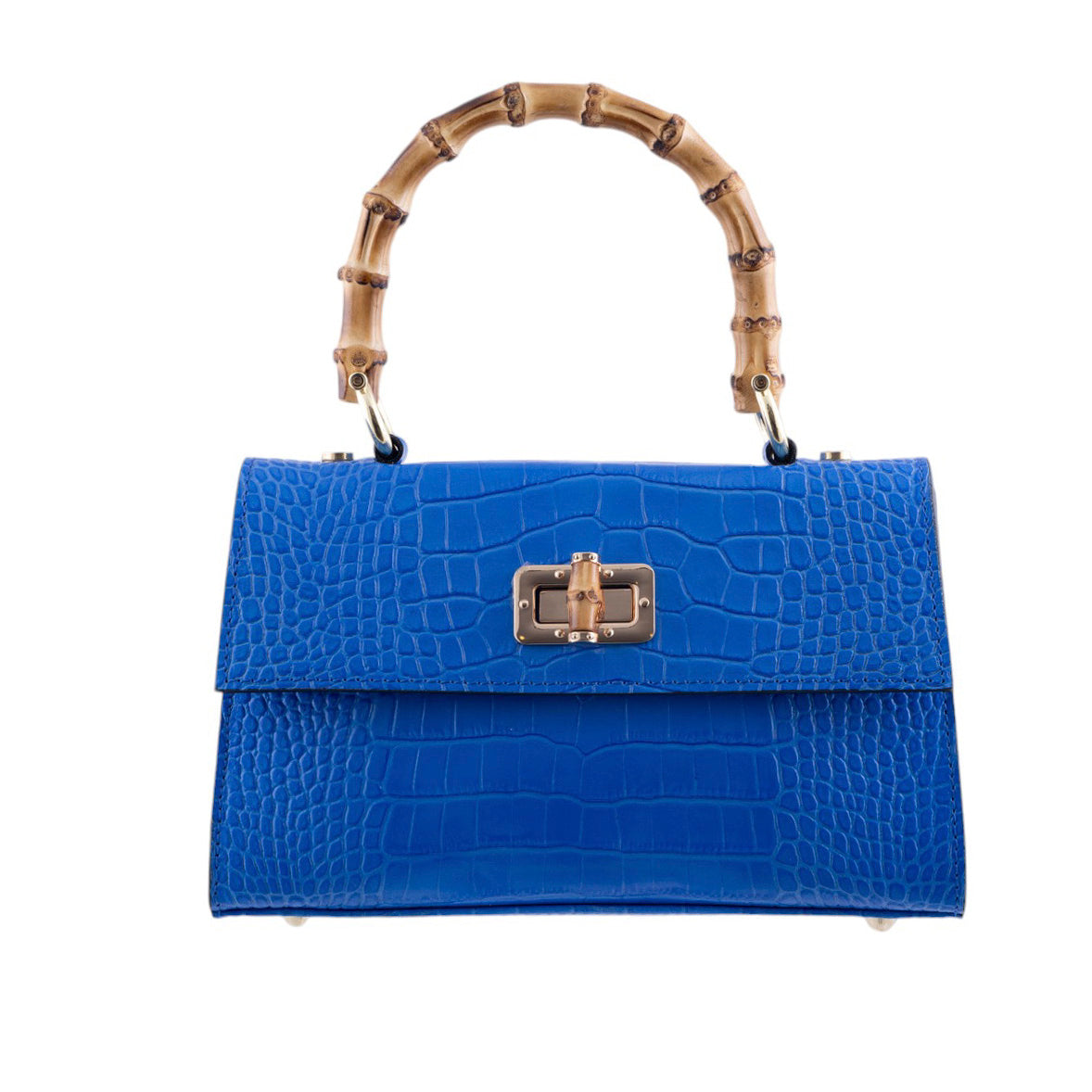 Borsa a Mano Elegante in Pelle Effetto Coccodrillo con Manico in Bamboo