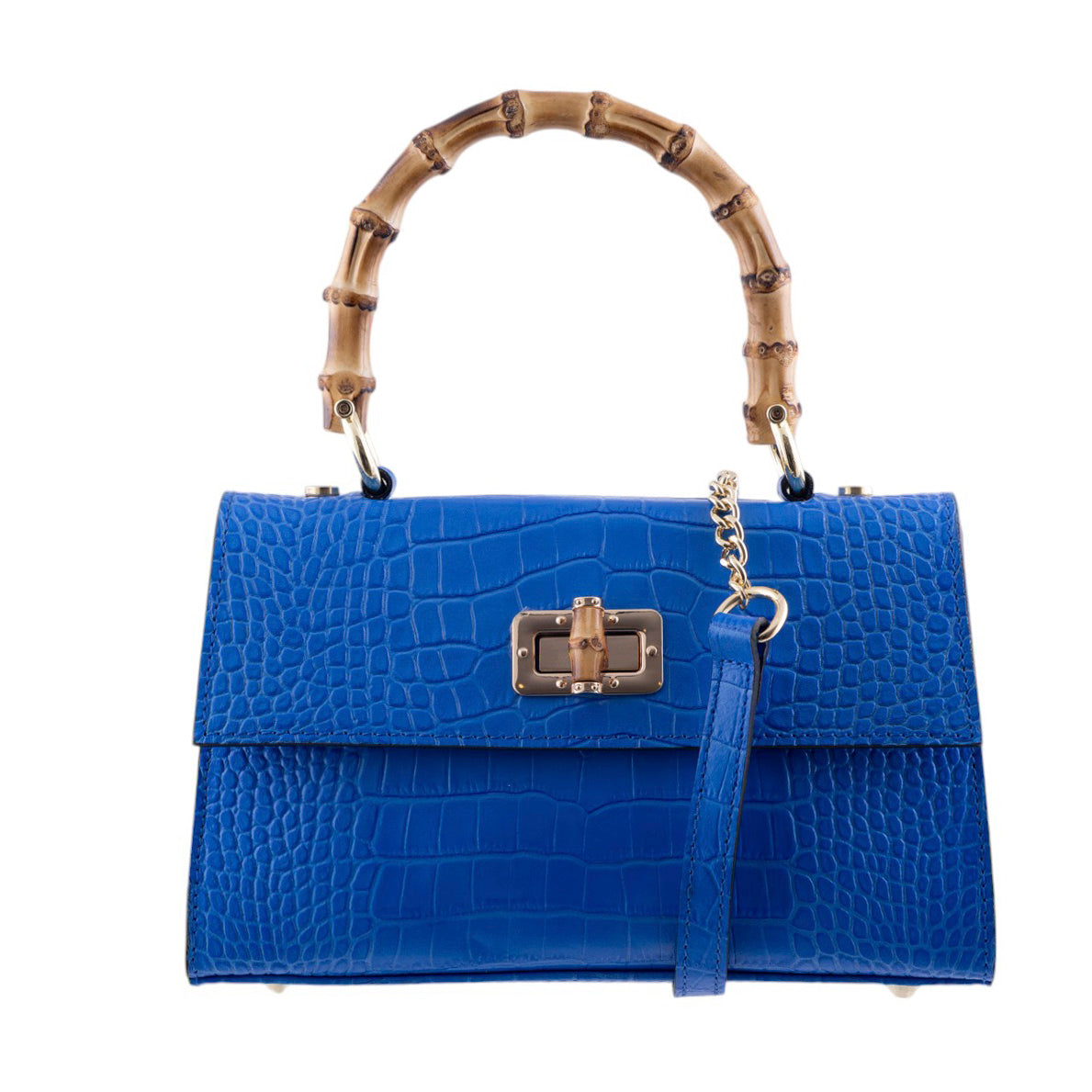 Borsa a Mano Elegante in Pelle Effetto Coccodrillo con Manico in Bamboo