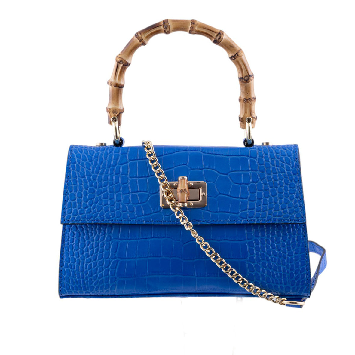 Borsa a Mano Elegante in Pelle Effetto Coccodrillo con Manico in Bamboo