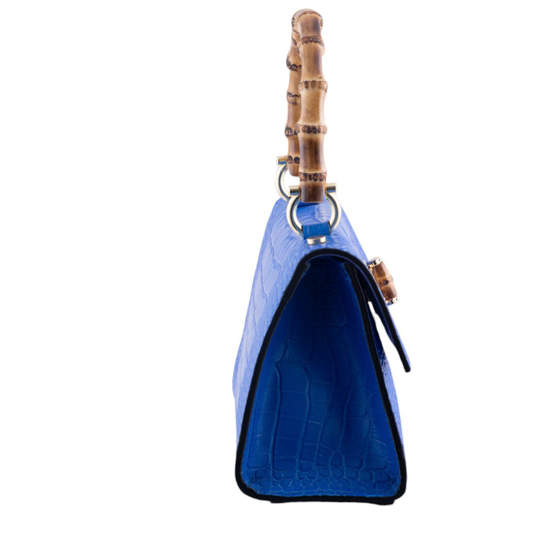 Borsa a Mano Elegante in Pelle Effetto Coccodrillo con Manico in Bamboo
