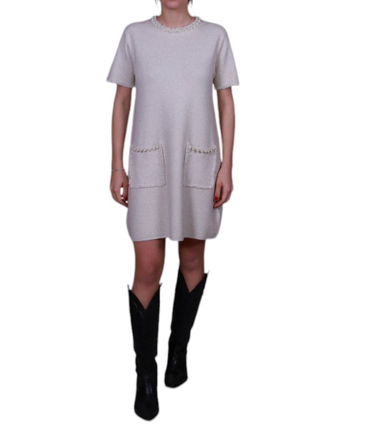 Abito donna midi manica corta e tasche con perline