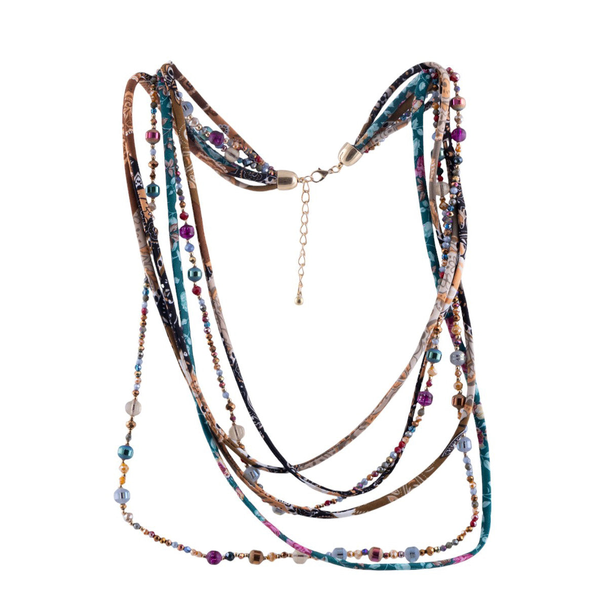 Collana multifili fantasia con intrecci di perline e fili tessili decorativi