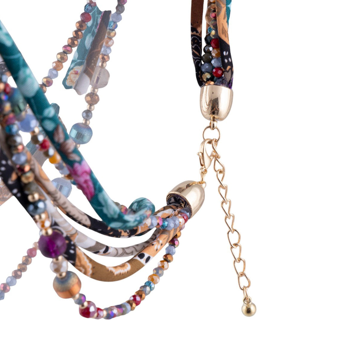 Collana multifili fantasia con intrecci di perline e fili tessili decorativi