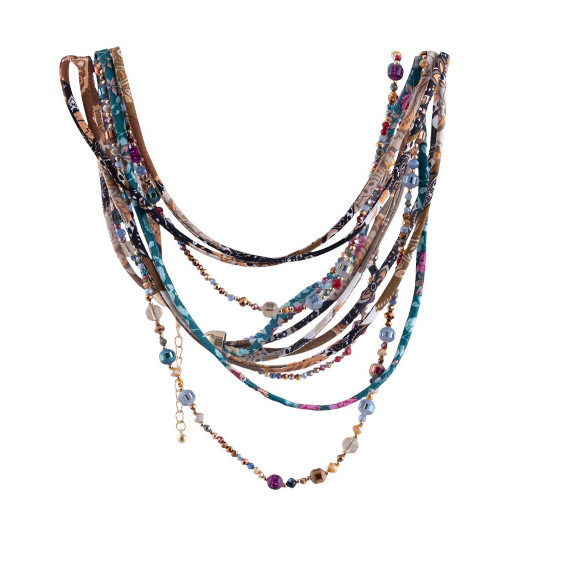 Collana multifili fantasia con intrecci di perline e fili tessili decorativi