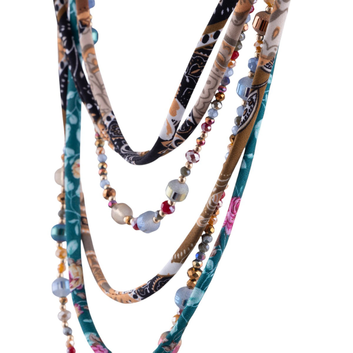 Collana multifili fantasia con intrecci di perline e fili tessili decorativi