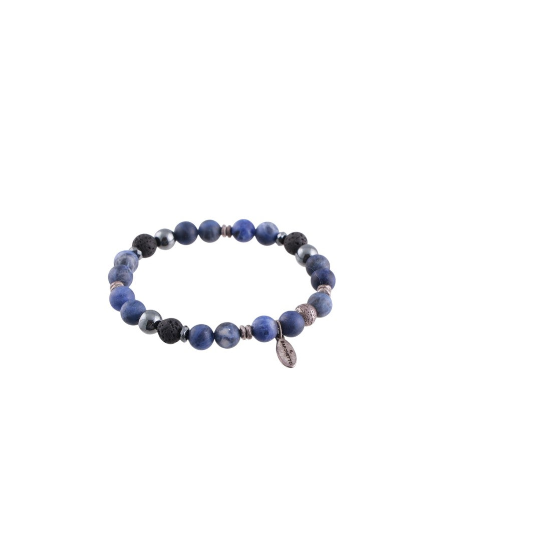 Bracciale con pietre naturali di sodalite, lava vulcanica ed ematite elastico