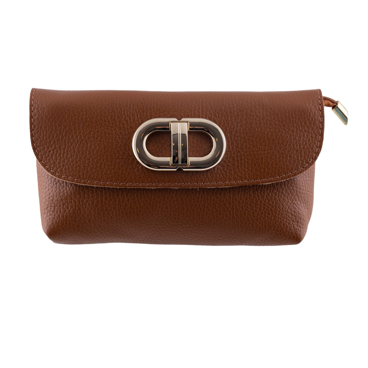 Tracollina clutch in vera pelle con chiusura a fibbia dorata e zip coperta