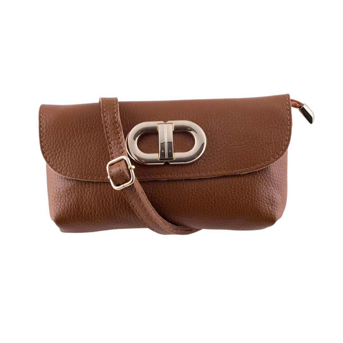 Tracollina clutch in vera pelle con chiusura a fibbia dorata e zip coperta