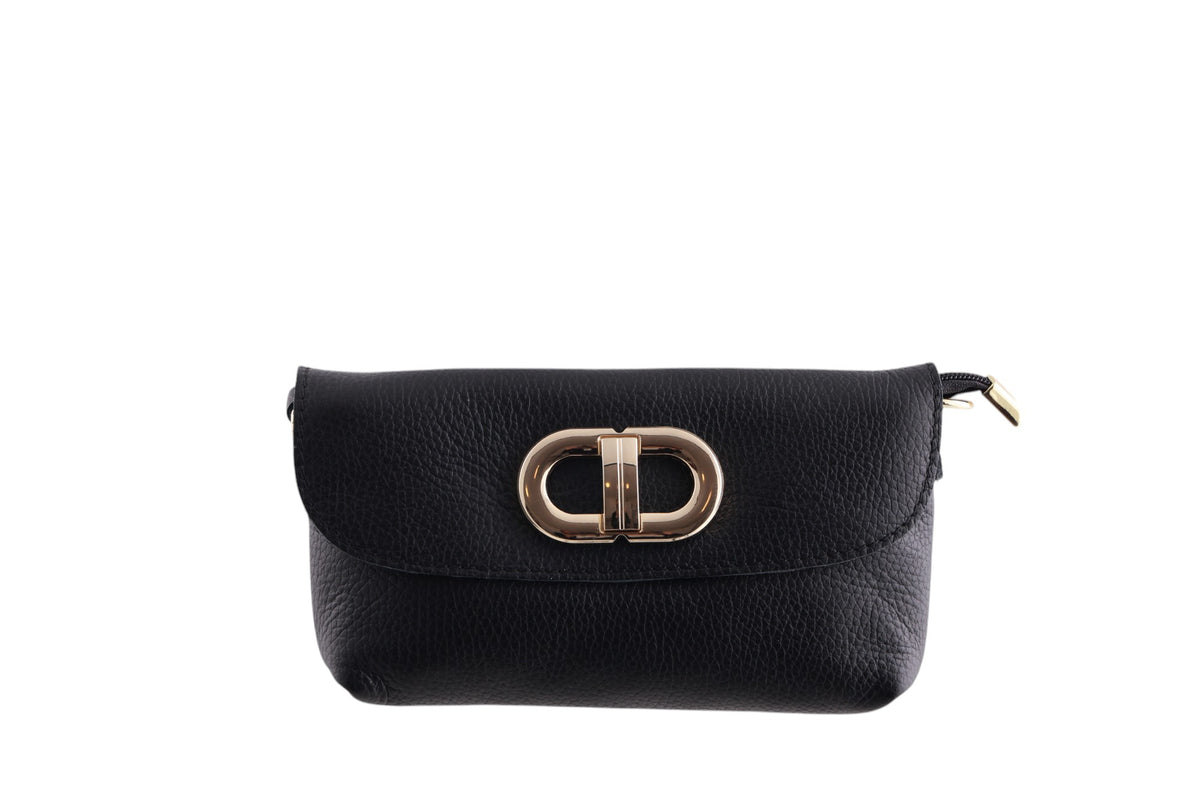 Tracollina clutch in vera pelle con chiusura a fibbia dorata e zip coperta