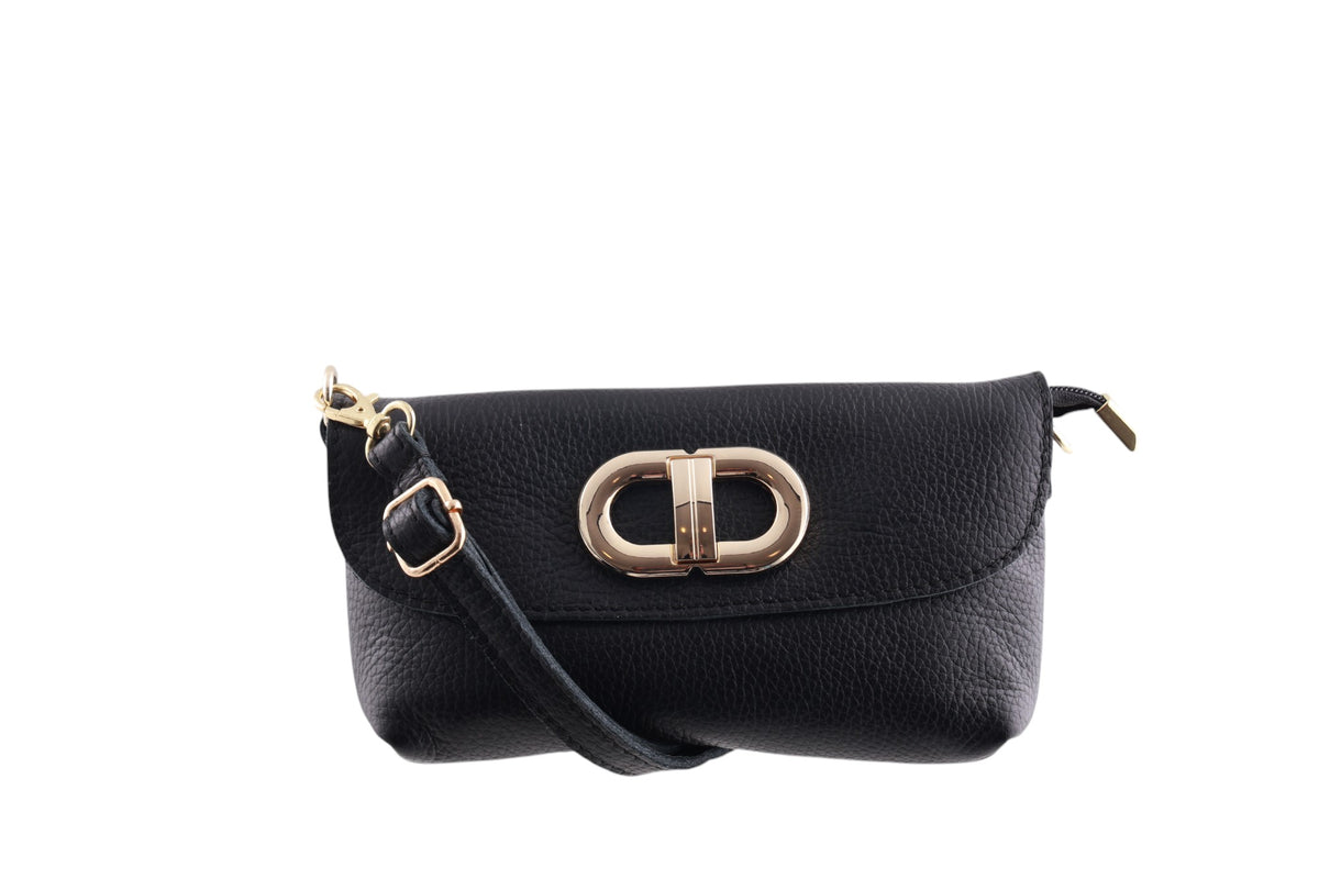 Tracollina clutch in vera pelle con chiusura a fibbia dorata e zip coperta