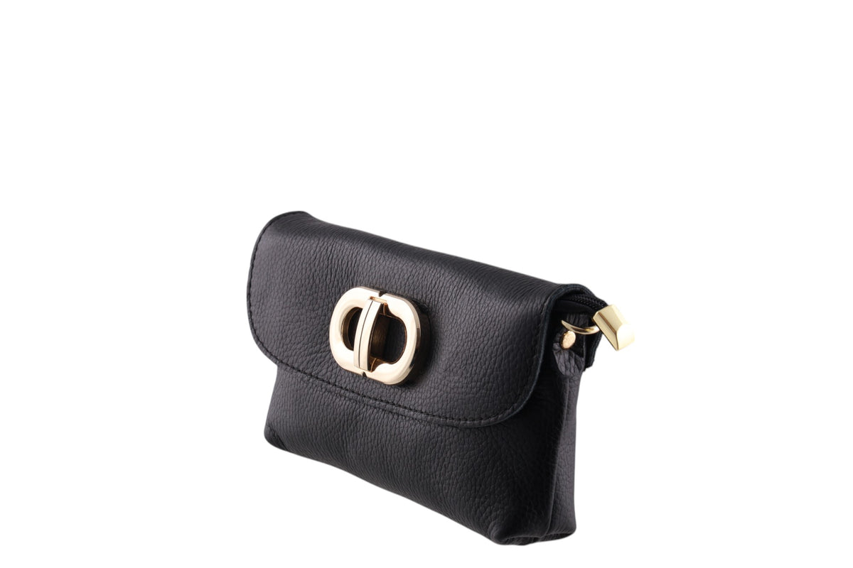 Tracollina clutch in vera pelle con chiusura a fibbia dorata e zip coperta