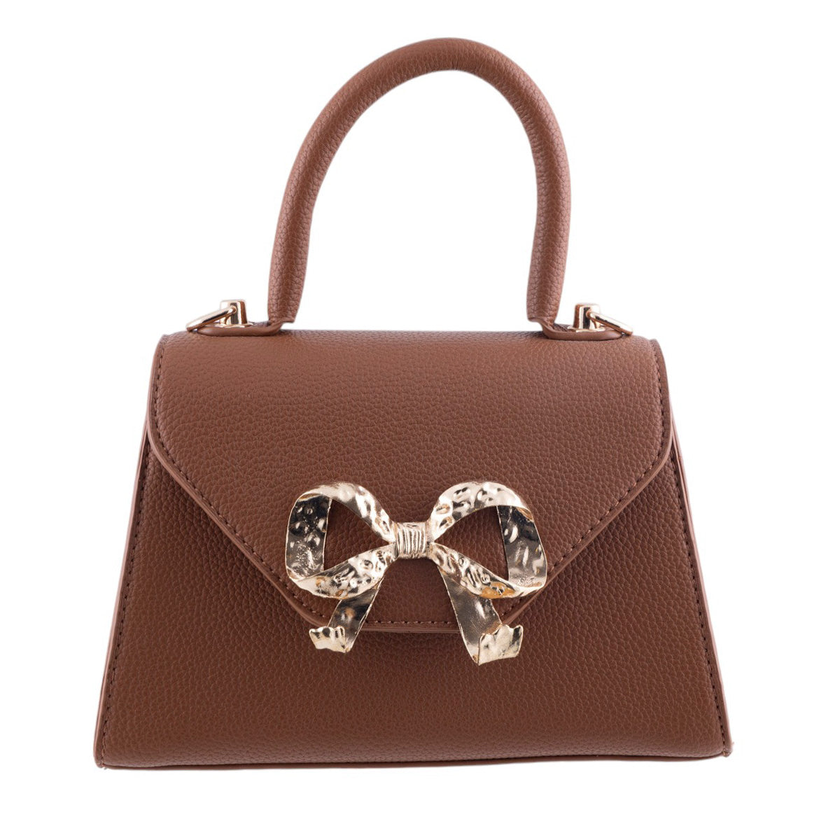 Borsa donna a trapezio in pelle martellata con chiusura frontale a fiocco oro