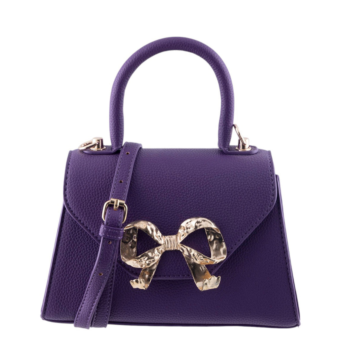 Borsa donna a trapezio in pelle martellata con chiusura frontale a fiocco oro