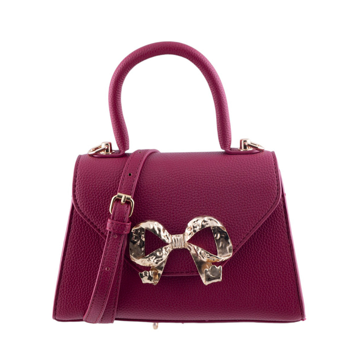 Borsa donna a trapezio in pelle martellata con chiusura frontale a fiocco oro