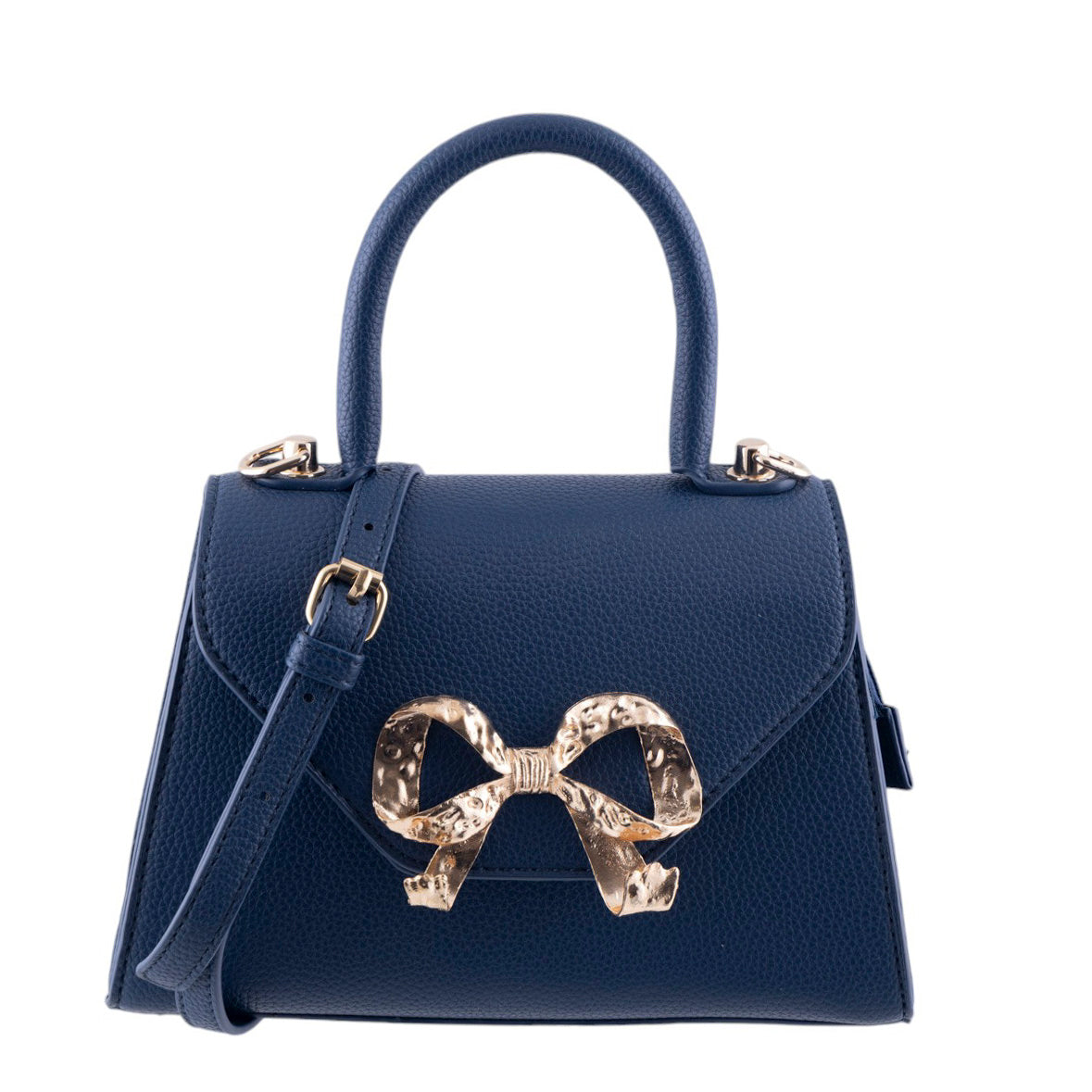 Borsa donna a trapezio in pelle martellata con chiusura frontale a fiocco oro