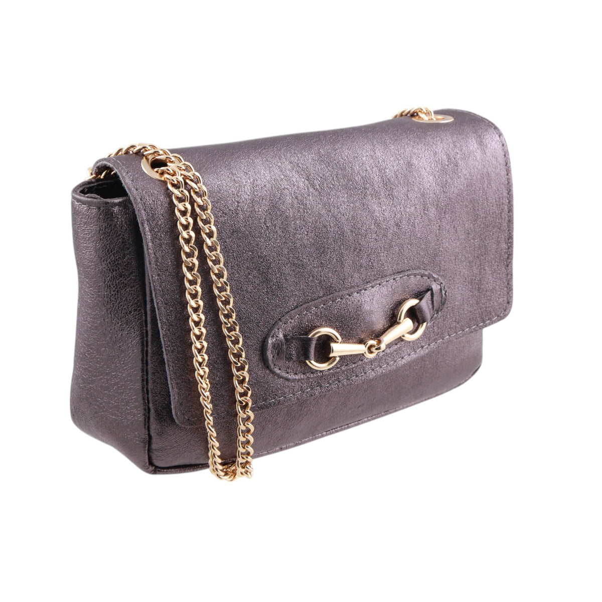 Borsa in vera pelle effetto laminato, catena tracolla e fibbia oro Made in Italy