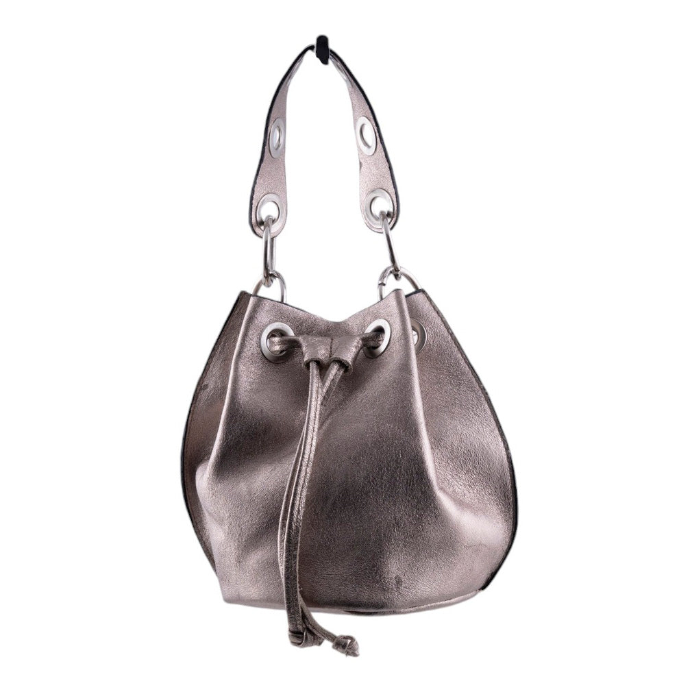 Borsa secchiello in vera pelle metallizzata con chiusura a coulisse e tracolla