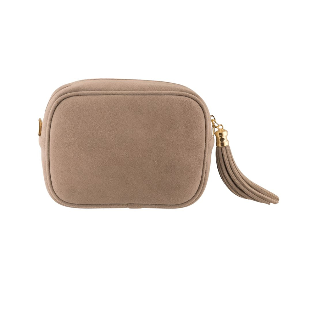 Borsa a tracolla vero camoscio, cursore a frangia laterale e chiusura con zip
