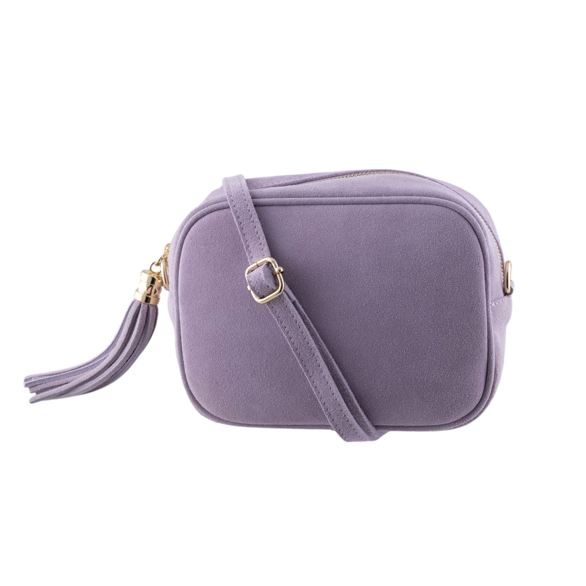 Borsa a tracolla vero camoscio, cursore a frangia laterale e chiusura con zip