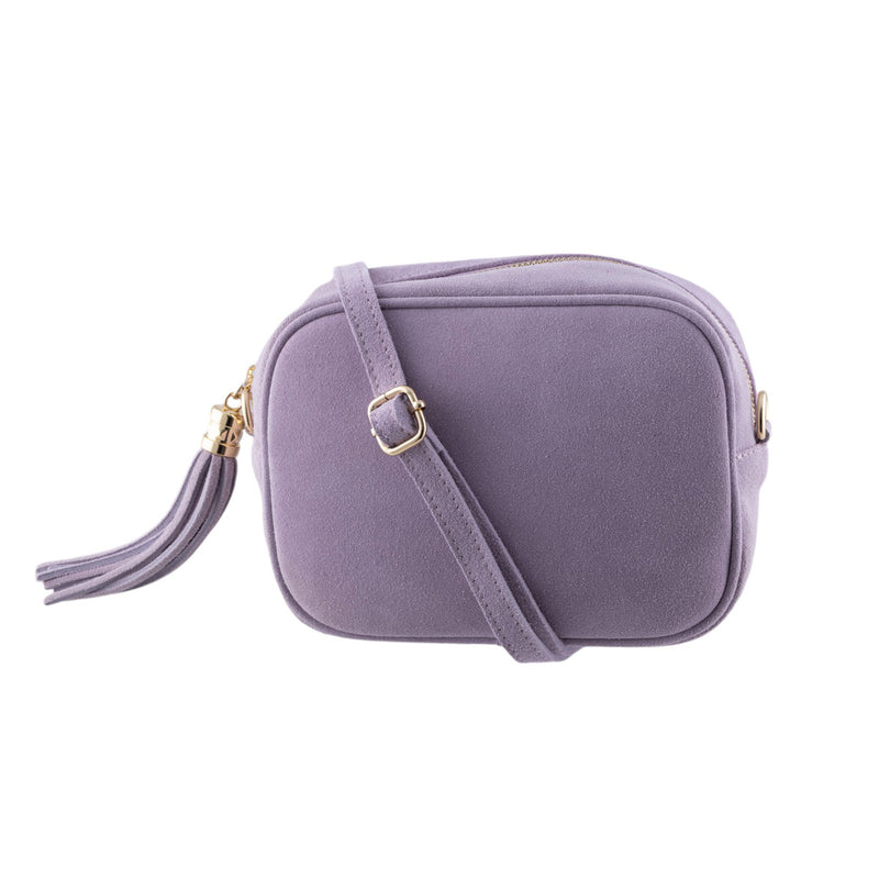 Borsa a tracolla vero camoscio, cursore a frangia laterale e chiusura con zip