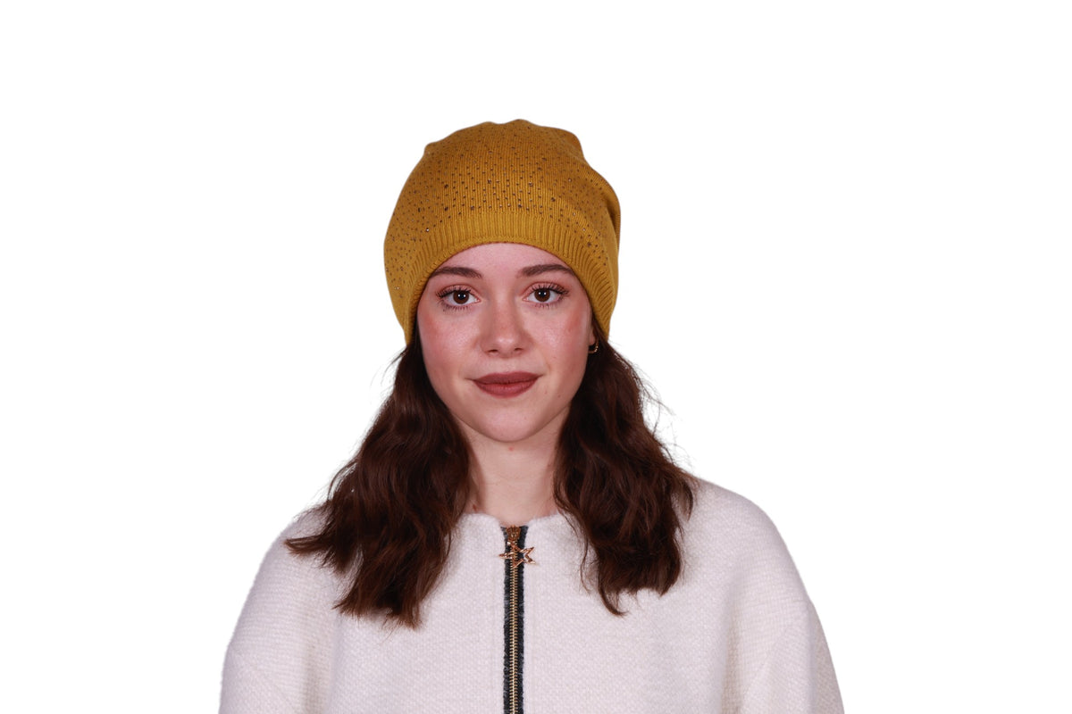 Berretto donna in misto lana con brillantini e cucitura posteriore Made in Italy