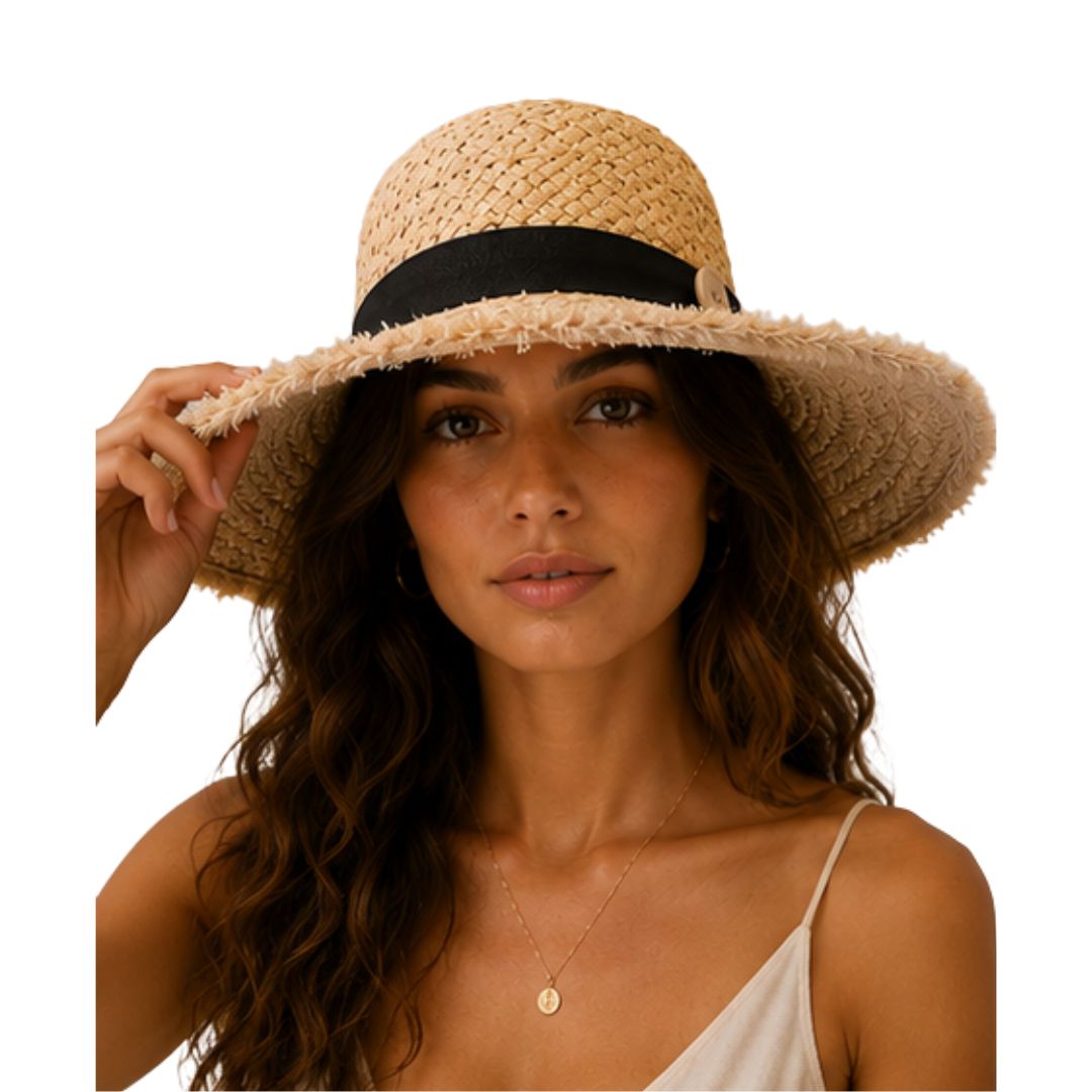 Cappello donna a tesa larga in paglia con fiocco grande e bottone Made in Italy