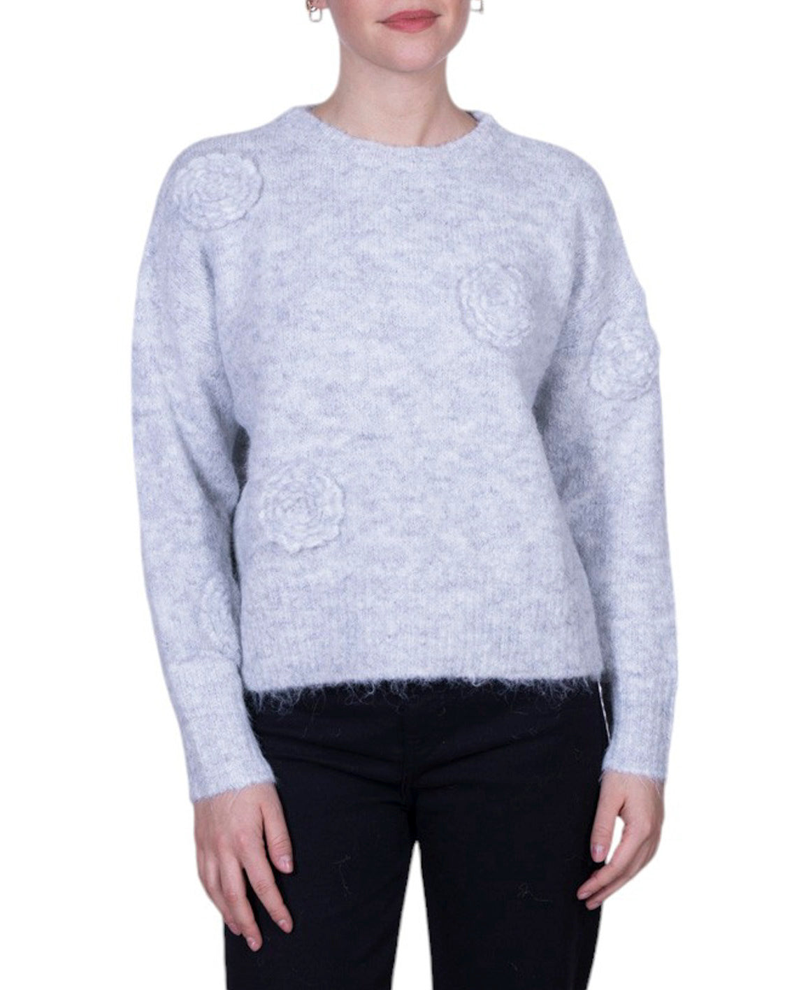 Maglia donna girocollo in filato morbido con applicazioni floreali in rilievo