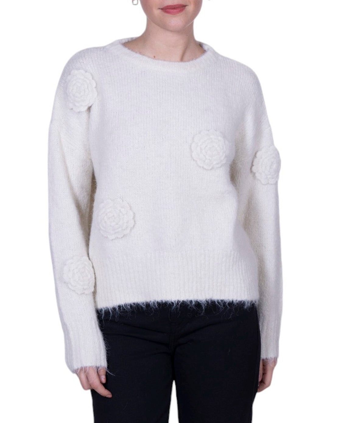 Maglia donna girocollo in filato morbido con applicazioni floreali in rilievo