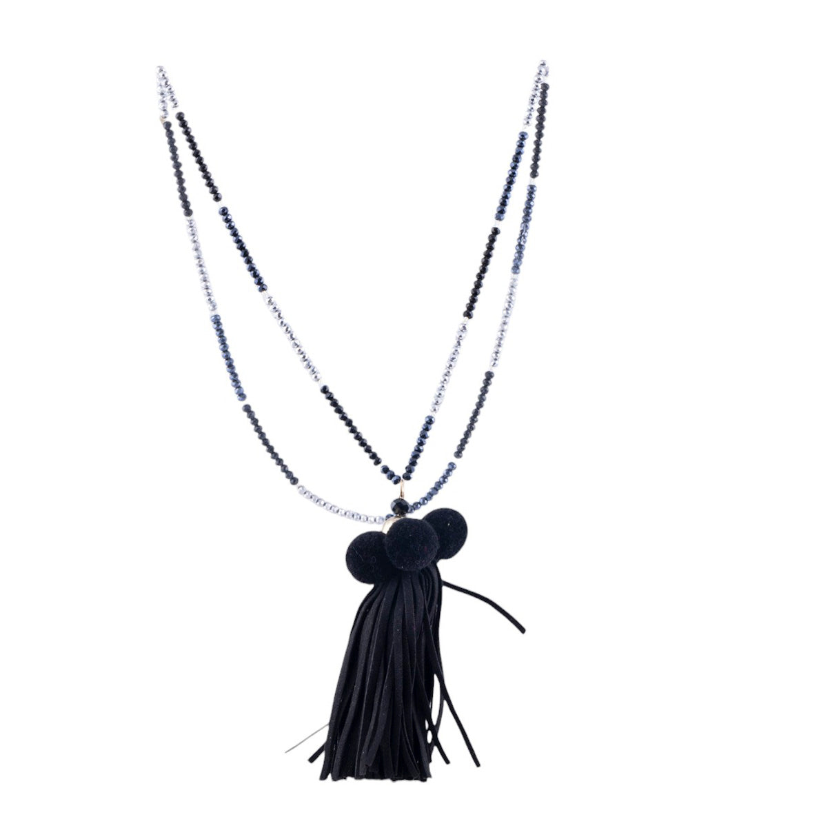 Collana lunga con nappa in microfibra, pon pon decorativi e fili di perline