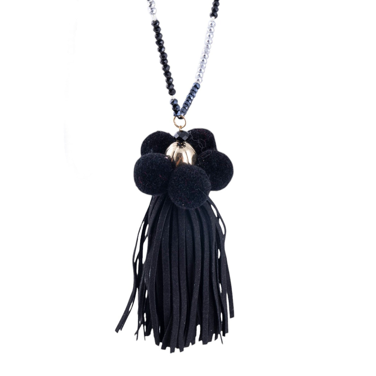 Collana lunga con nappa in microfibra, pon pon decorativi e fili di perline