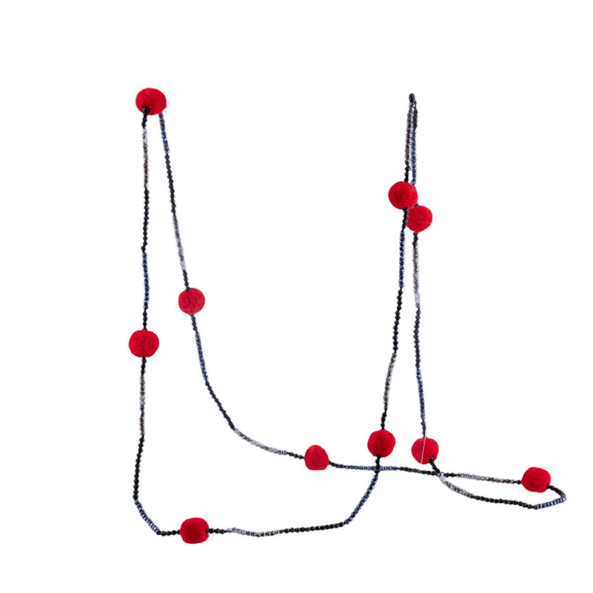 Collana lunga con pon pon decorativi e intreccio di microperline lavorate
