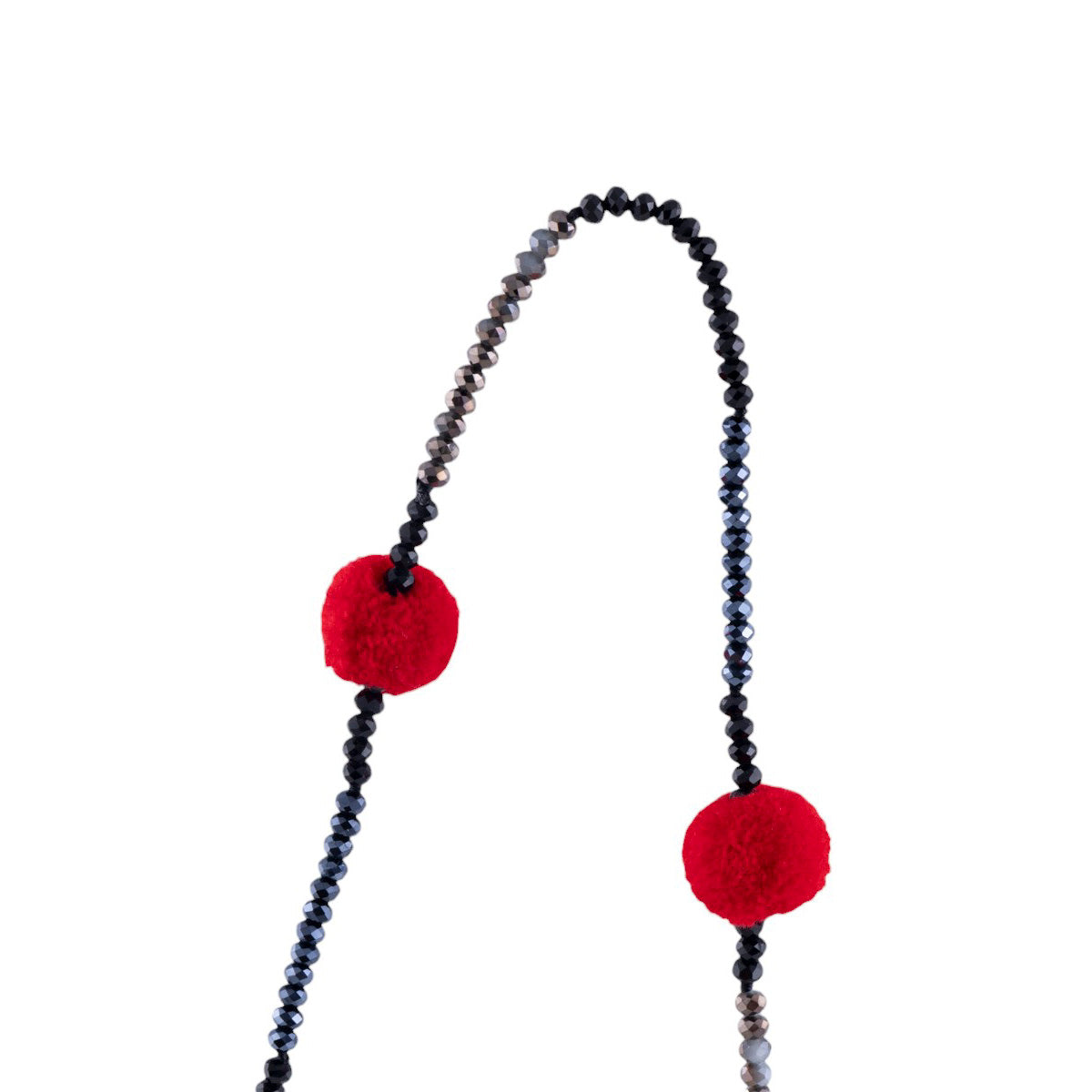 Collana lunga con pon pon decorativi e intreccio di microperline lavorate