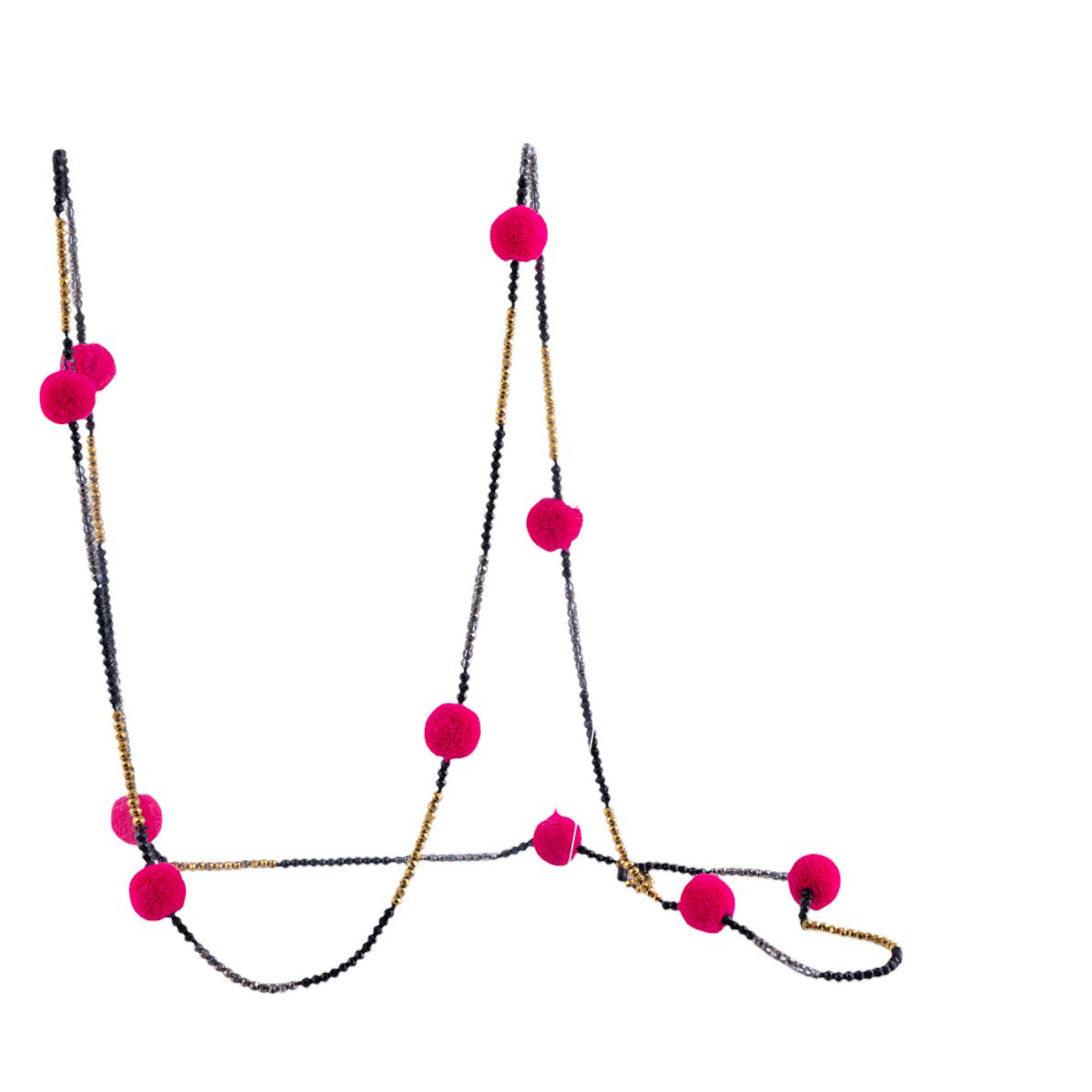 Collana lunga con pon pon decorativi e intreccio di microperline lavorate