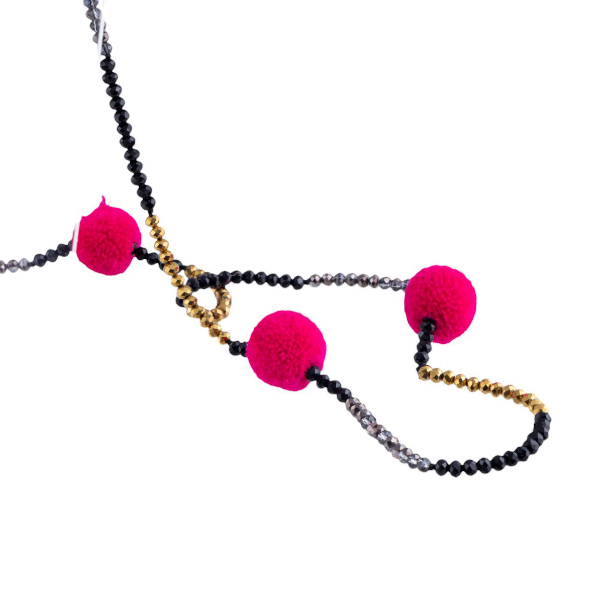 Collana lunga con pon pon decorativi e intreccio di microperline lavorate