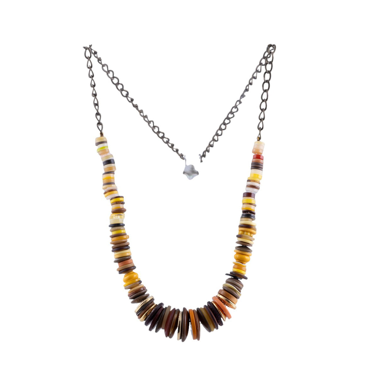 Collana artigianale con elementi a bottone multicolor su catena metallica